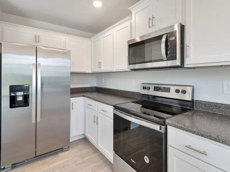 Kitchen with refrigerator, oven and stainless hood – home appliances industry